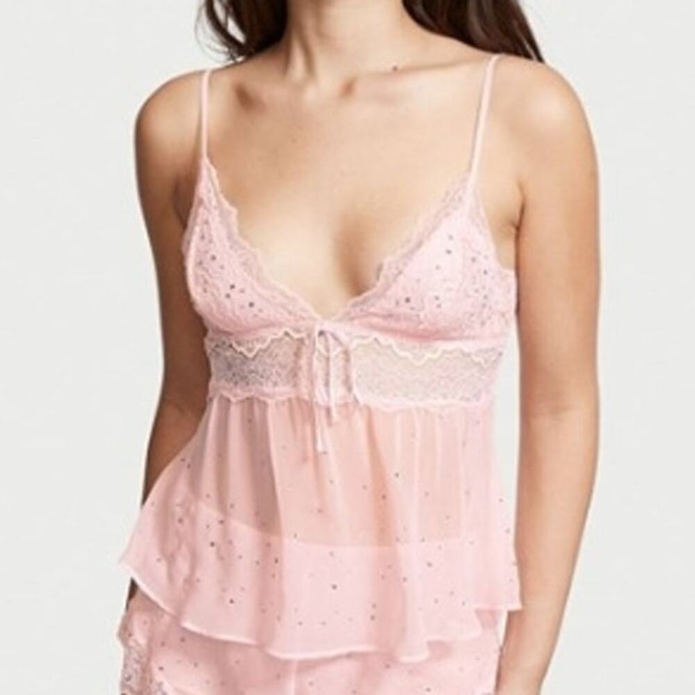 Lg Victorias Secret Powder Pink Sheer Tank Lace Rhinestones Coquette Kawaii Glam